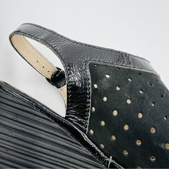 FLY London Yile Black Perforated Leather Peep Toe Platform Wedge Sandal Size 8 - Picture 14 of 14